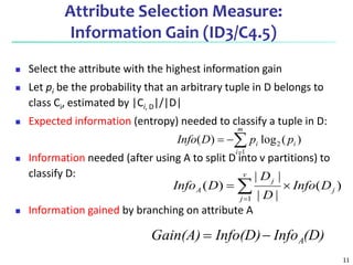 11
Attribute Selection Measure:
Information Gain (ID3/C4.5)
 Select the attribute with the highest information gain
 Let pi be the probability that an arbitrary tuple in D belongs to
class Ci, estimated by |Ci, D|/|D|
 Expected information (entropy) needed to classify a tuple in D:
 Information needed (after using A to split D into v partitions) to
classify D:
 Information gained by branching on attribute A
)
(
log
)
( 2
1
i
m
i
i p
p
D
Info 



)
(
|
|
|
|
)
(
1
j
v
j
j
A D
Info
D
D
D
Info 
 

(D)
Info
Info(D)
Gain(A) A


 