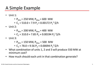 A Simple Example
• Unit 1:
• PMin = 250 MW, PMax = 600 MW
• C1 = 510.0 + 7.9 P1 + 0.00172 P1
2 $/h
• Unit 2:
• PMin = 200 MW, PMax = 400 MW
• C2 = 310.0 + 7.85 P2 + 0.00194 P2
2 $/h
• Unit 3:
• PMin = 150 MW, PMax = 500 MW
• C3 = 78.0 + 9.56 P3 + 0.00694 P3
2 $/h
• What combination of units 1, 2 and 3 will produce 550 MW at
minimum cost?
• How much should each unit in that combination generate?
© 2011 Daniel Kirschen and the University of Washington 5
 