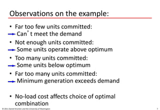 Observations on the example:
• Far too few units committed:
Can’t meet the demand
• Not enough units committed:
Some units operate above optimum
• Too many units committed:
Some units below optimum
• Far too many units committed:
Minimum generation exceeds demand
• No-load cost affects choice of optimal
combination
© 2011 Daniel Kirschen and the University of Washington 7
 