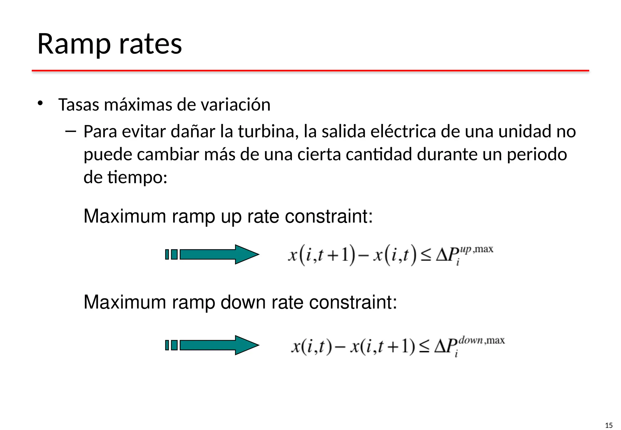 15
Ramp rates
• Tasas máximas de variación
– Para evitar dañar la turbina, la salida eléctrica de una unidad no
puede cambiar más de una cierta cantidad durante un periodo
de tiempo:
Maximum ramp up rate constraint:
Maximum ramp down rate constraint:
 