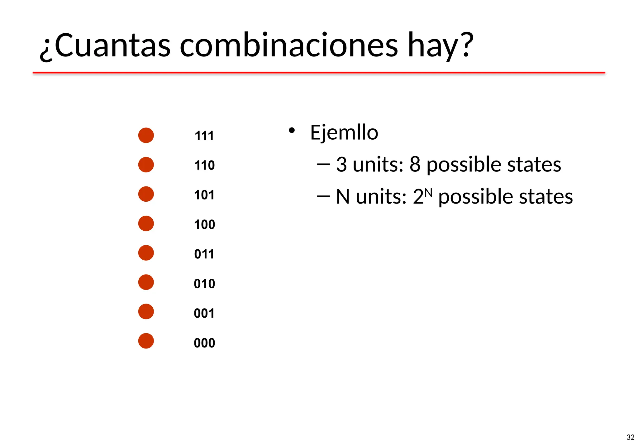 32
¿Cuantas combinaciones hay?
• Ejemllo
– 3 units: 8 possible states
– N units: 2N
possible states
111
110
101
100
011
010
001
000
 