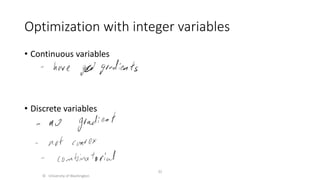 Optimization with integer variables
• Continuous variables
• Discrete variables
© University of Washington
32
 