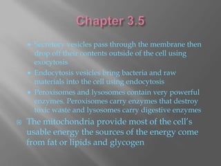    Secretory vesicles pass through the membrane then
        drop off their contents outside of the cell using
        exocytosis
       Endocytosis vesicles bring bacteria and raw
        materials into the cell using endocytosis
       Peroxisomes and lysosomes contain very powerful
        enzymes. Peroxisomes carry enzymes that destroy
        toxic waste and lysosomes carry digestive enzymes
   The mitochondria provide most of the cell’s
    usable energy the sources of the energy come
    from fat or lipids and glycogen
 