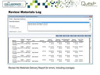 Review Materials Log
Review the Materials Delivery Report for errors, including overages.
 