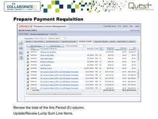 Prepare Payment Requisition
Review the total of the this Period (E) column.
Update/Review Lump Sum Line Items.
 
