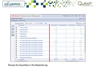 Review the Quantities in the Materials log.
 