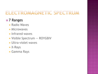 7   Ranges
    Radio Waves
    Microwaves
    Infrared waves
    Visible Spectrum -- ROYGBIV
    Ultra-violet waves
    X-Rays
    Gamma Rays
 