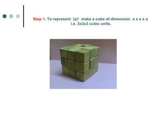 Step 1.  To represent  (a) 3   make a cube of dimension  a x a x a i.e. 3x3x3 cubic units. 