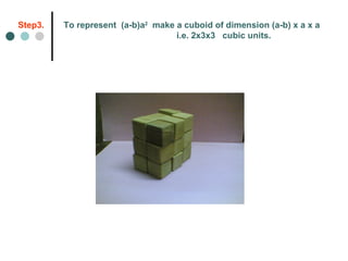 Step3.   To represent  (a-b)a 2   make a cuboid of dimension (a-b) x a x a i.e. 2x3x3  cubic units. 