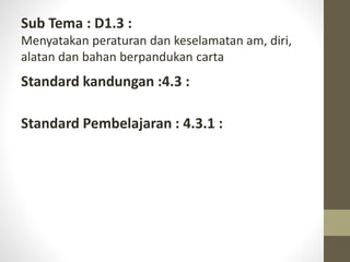 Sub Tema : D1.3 :
Menyatakan peraturan dan keselamatan am, diri,
alatan dan bahan berpandukan carta
Standard kandungan :4.3 :
Standard Pembelajaran : 4.3.1 :
 