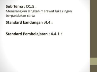 Sub Tema : D1.5 :
Menerangkan langkah merawat luka ringan
berpandukan carta
Standard kandungan :4.4 :
Standard Pembelajaran : 4.4.1 :
 