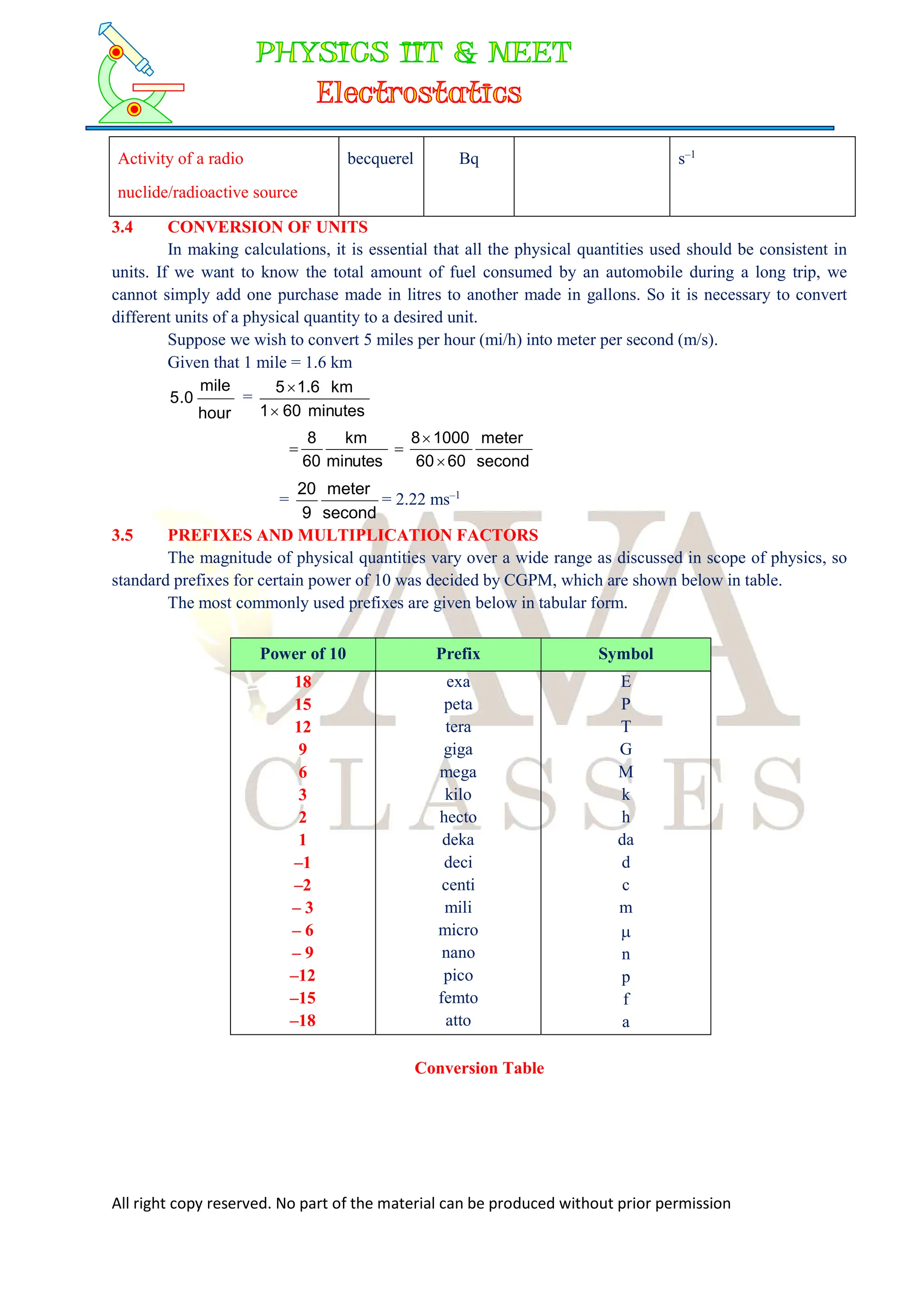 All right copy reserved. No part of the material can be produced without prior permission
Activity of a radio
nuclide/radioactive source
becquerel Bq s–1
3.4 CONVERSION OF UNITS
In making calculations, it is essential that all the physical quantities used should be consistent in
units. If we want to know the total amount of fuel consumed by an automobile during a long trip, we
cannot simply add one purchase made in litres to another made in gallons. So it is necessary to convert
different units of a physical quantity to a desired unit.
Suppose we wish to convert 5 miles per hour (mi/h) into meter per second (m/s).
Given that 1 mile = 1.6 km
hour
mile
0
.
5 =
utes
min
60
1
km
1.6
5


second
meter
60
60
1000
8
s
ute
min
km
60
8




=
second
meter
9
20
= 2.22 ms–1
3.5 PREFIXES AND MULTIPLICATION FACTORS
The magnitude of physical quantities vary over a wide range as discussed in scope of physics, so
standard prefixes for certain power of 10 was decided by CGPM, which are shown below in table.
The most commonly used prefixes are given below in tabular form.
Power of 10 Prefix Symbol
18
15
12
9
6
3
2
1
–1
–2
– 3
– 6
– 9
–12
–15
–18
exa
peta
tera
giga
mega
kilo
hecto
deka
deci
centi
mili
micro
nano
pico
femto
atto
E
P
T
G
M
k
h
da
d
c
m

n
p
f
a
Conversion Table
 