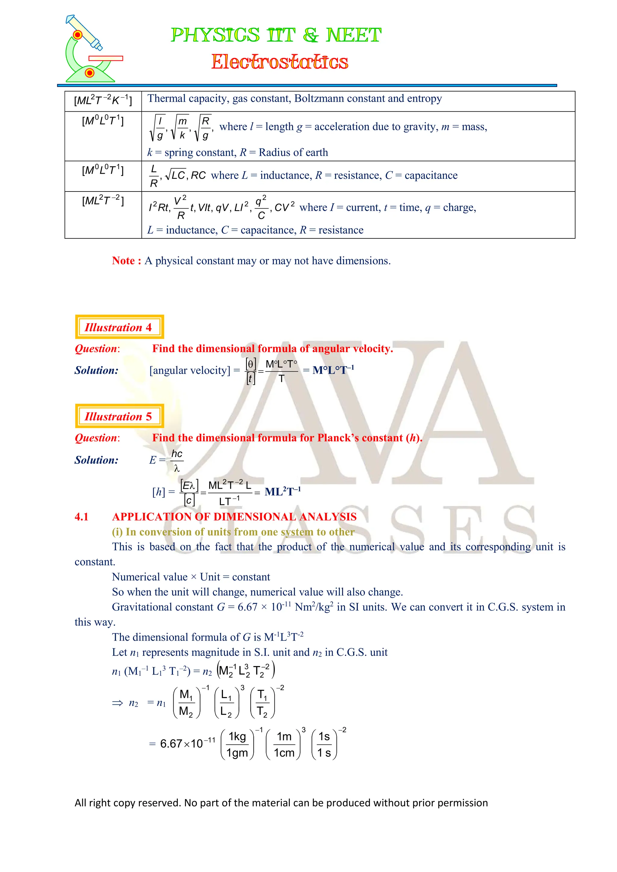All right copy reserved. No part of the material can be produced without prior permission
]
[ 1
2
2 

K
T
ML Thermal capacity, gas constant, Boltzmann constant and entropy
]
[ 1
0
0
T
L
M
,
,
,
g
R
k
m
g
l
where l = length g = acceleration due to gravity, m = mass,
k = spring constant, R = Radius of earth
]
[ 1
0
0
T
L
M RC
LC
R
L
,
, where L = inductance, R = resistance, C = capacitance
]
[ 2
2 
T
ML 2
2
2
2
2
,
,
,
,
,
, CV
C
q
LI
qV
VIt
t
R
V
Rt
I where I = current, t = time, q = charge,
L = inductance, C = capacitance, R = resistance
Note : A physical constant may or may not have dimensions.
Illustration 4
Question: Find the dimensional formula of angular velocity.
Solution: [angular velocity] =
 
  T
T
L
M 




t
= M°L°T–1
Illustration 5
Question: Find the dimensional formula for Planck’s constant (h).
Solution: E =

hc
[h] =
 
 





1
2
2
LT
L
T
ML
c
E
ML2
T–1
4.1 APPLICATION OF DIMENSIONAL ANALYSIS
(i) In conversion of units from one system to other
This is based on the fact that the product of the numerical value and its corresponding unit is
constant.
Numerical value × Unit = constant
So when the unit will change, numerical value will also change.
Gravitational constant G = 6.67 × 10-11
Nm2
/kg2
in SI units. We can convert it in C.G.S. system in
this way.
The dimensional formula of G is M-1
L3
T-2
Let n1 represents magnitude in S.I. unit and n2 in C.G.S. unit
n1 (M1
–1
L1
3
T1
–2
) = n2  
2
2
3
2
1
2 T
L
M 

 n2 = n1
2
2
1
3
2
1
1
2
1
T
T
L
L
M
M


























=
2
3
1
11
s
1
s
1
cm
1
m
1
gm
1
kg
1
10
6.67




























 