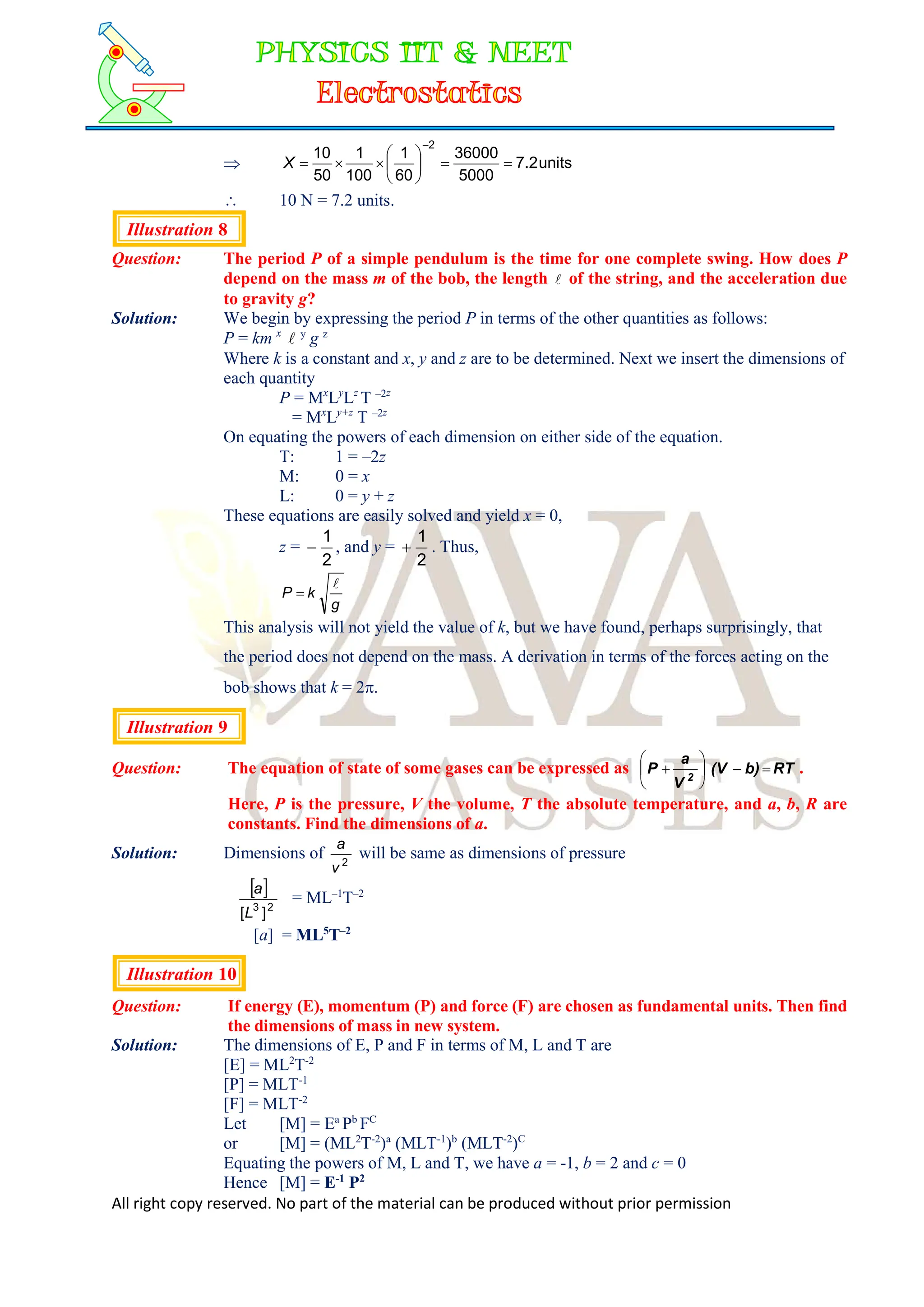 All right copy reserved. No part of the material can be produced without prior permission
 units
2
.
7
5000
36000
60
1
100
1
50
10
2












X
 10 N = 7.2 units.
Illustration 8
Question: The period P of a simple pendulum is the time for one complete swing. How does P
depend on the mass m of the bob, the length  of the string, and the acceleration due
to gravity g?
Solution: We begin by expressing the period P in terms of the other quantities as follows:
P = km x
 y
g z
Where k is a constant and x, y and z are to be determined. Next we insert the dimensions of
each quantity
P = Mx
Ly
Lz
T –2z
= Mx
Ly+z
T –2z
On equating the powers of each dimension on either side of the equation.
T: 1 = –2z
M: 0 = x
L: 0 = y + z
These equations are easily solved and yield x = 0,
z =
2
1
 , and y =
2
1
 . Thus,
g
k
P


This analysis will not yield the value of k, but we have found, perhaps surprisingly, that
the period does not depend on the mass. A derivation in terms of the forces acting on the
bob shows that k = 2.
Illustration 9
Question: The equation of state of some gases can be expressed as RT
b)
(V
V
a
P 2








 .
Here, P is the pressure, V the volume, T the absolute temperature, and a, b, R are
constants. Find the dimensions of a.
Solution: Dimensions of 2
v
a
will be same as dimensions of pressure
 
2
3
]
[L
a
= ML–1
T–2
[a] = ML5
T–2
Illustration 10
Question: If energy (E), momentum (P) and force (F) are chosen as fundamental units. Then find
the dimensions of mass in new system.
Solution: The dimensions of E, P and F in terms of M, L and T are
[E] = ML2
T-2
[P] = MLT-1
[F] = MLT-2
Let [M] = Ea
Pb
FC
or [M] = (ML2
T-2
)a
(MLT-1
)b
(MLT-2
)C
Equating the powers of M, L and T, we have a = -1, b = 2 and c = 0
Hence [M] = E-1
P2
 