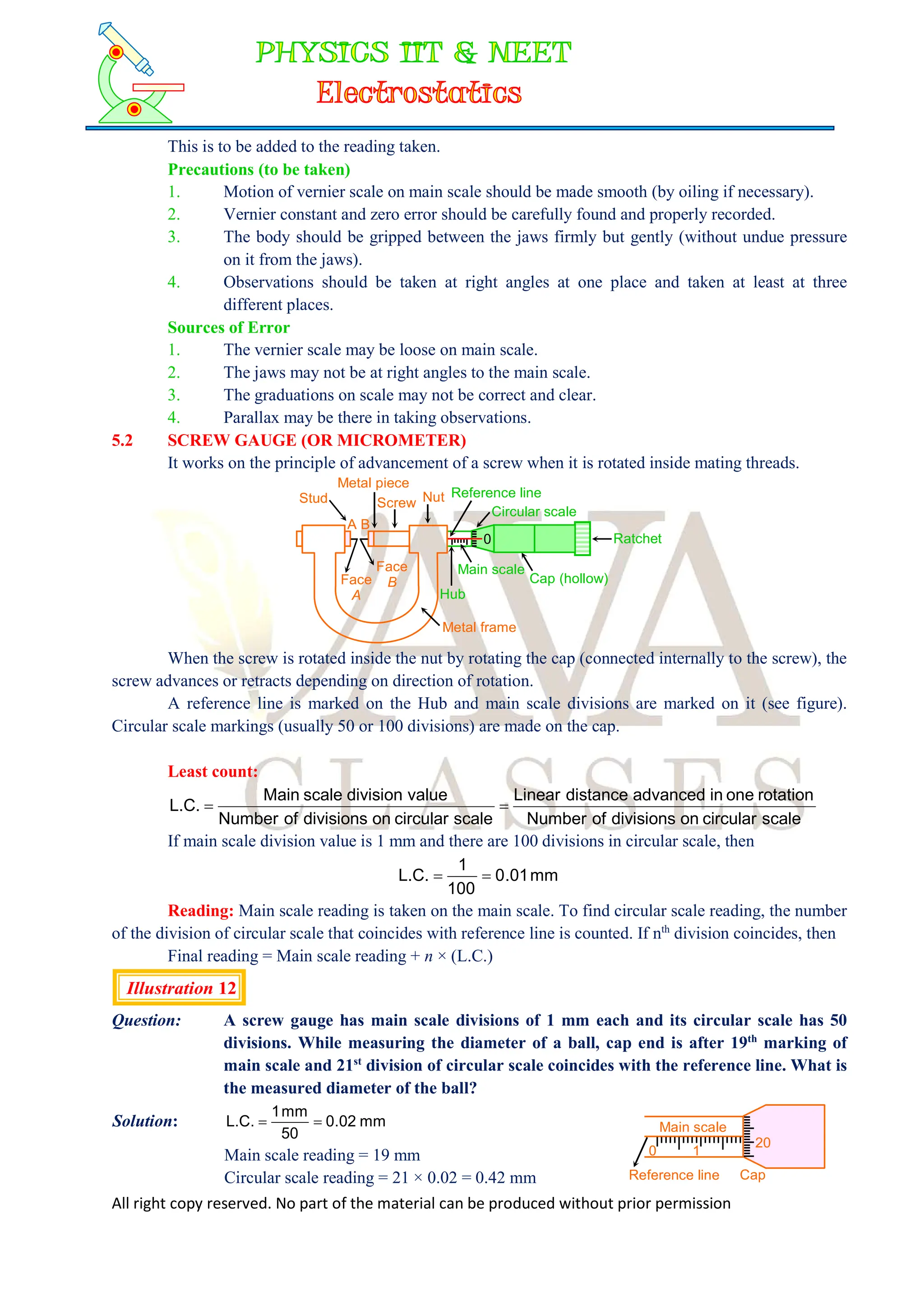 All right copy reserved. No part of the material can be produced without prior permission
This is to be added to the reading taken.
Precautions (to be taken)
1. Motion of vernier scale on main scale should be made smooth (by oiling if necessary).
2. Vernier constant and zero error should be carefully found and properly recorded.
3. The body should be gripped between the jaws firmly but gently (without undue pressure
on it from the jaws).
4. Observations should be taken at right angles at one place and taken at least at three
different places.
Sources of Error
1. The vernier scale may be loose on main scale.
2. The jaws may not be at right angles to the main scale.
3. The graduations on scale may not be correct and clear.
4. Parallax may be there in taking observations.
5.2 SCREW GAUGE (OR MICROMETER)
It works on the principle of advancement of a screw when it is rotated inside mating threads.
Metal piece
0
A B
Stud Screw Nut Reference line
Circular scale
Ratchet
Main scale
Hub
Cap (hollow)
Metal frame
Face
A
Face
B
When the screw is rotated inside the nut by rotating the cap (connected internally to the screw), the
screw advances or retracts depending on direction of rotation.
A reference line is marked on the Hub and main scale divisions are marked on it (see figure).
Circular scale markings (usually 50 or 100 divisions) are made on the cap.
Least count:
scale
circular
on
divisions
of
Number
rotation
one
in
advanced
distance
Linear
scale
circular
on
divisions
of
Number
value
division
scale
Main
L.C. 

If main scale division value is 1 mm and there are 100 divisions in circular scale, then
mm
01
.
0
100
1
L.C. 

Reading: Main scale reading is taken on the main scale. To find circular scale reading, the number
of the division of circular scale that coincides with reference line is counted. If nth
division coincides, then
Final reading = Main scale reading + n × (L.C.)
Illustration 12
Question: A screw gauge has main scale divisions of 1 mm each and its circular scale has 50
divisions. While measuring the diameter of a ball, cap end is after 19th
marking of
main scale and 21st
division of circular scale coincides with the reference line. What is
the measured diameter of the ball?
Solution: mm
02
.
0
50
mm
1
L.C. 

Main scale reading = 19 mm
Circular scale reading = 21 × 0.02 = 0.42 mm
0 1
Main scale
Reference line
20
Cap
 