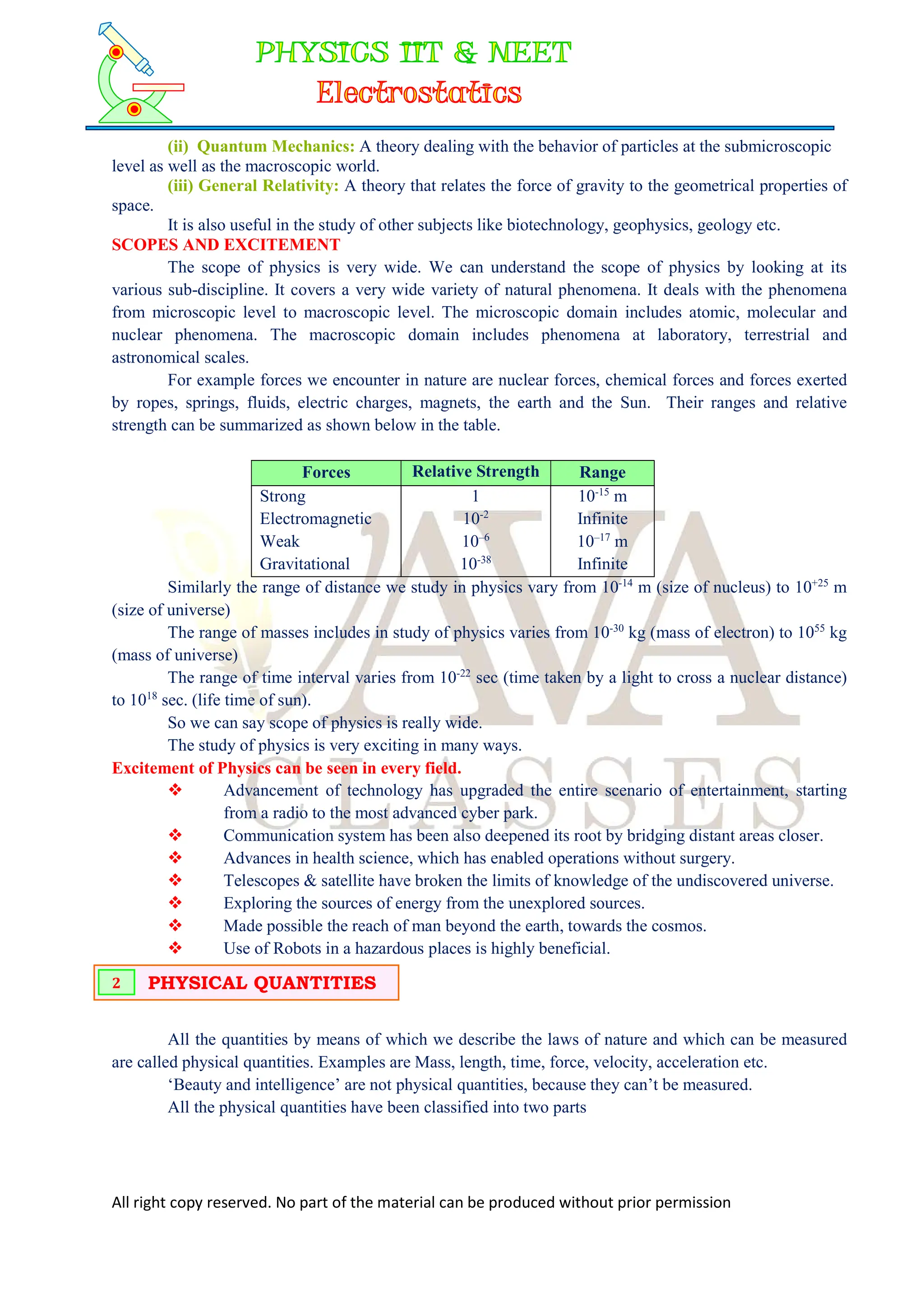 All right copy reserved. No part of the material can be produced without prior permission
(ii) Quantum Mechanics: A theory dealing with the behavior of particles at the submicroscopic
level as well as the macroscopic world.
(iii) General Relativity: A theory that relates the force of gravity to the geometrical properties of
space.
It is also useful in the study of other subjects like biotechnology, geophysics, geology etc.
SCOPES AND EXCITEMENT
The scope of physics is very wide. We can understand the scope of physics by looking at its
various sub-discipline. It covers a very wide variety of natural phenomena. It deals with the phenomena
from microscopic level to macroscopic level. The microscopic domain includes atomic, molecular and
nuclear phenomena. The macroscopic domain includes phenomena at laboratory, terrestrial and
astronomical scales.
For example forces we encounter in nature are nuclear forces, chemical forces and forces exerted
by ropes, springs, fluids, electric charges, magnets, the earth and the Sun. Their ranges and relative
strength can be summarized as shown below in the table.
Forces Relative Strength Range
Strong
Electromagnetic
Weak
Gravitational
1
10-2
10–6
10-38
10-15
m
Infinite
10–17
m
Infinite
Similarly the range of distance we study in physics vary from 10-14
m (size of nucleus) to 10+25
m
(size of universe)
The range of masses includes in study of physics varies from 10-30
kg (mass of electron) to 1055
kg
(mass of universe)
The range of time interval varies from 10-22
sec (time taken by a light to cross a nuclear distance)
to 1018
sec. (life time of sun).
So we can say scope of physics is really wide.
The study of physics is very exciting in many ways.
Excitement of Physics can be seen in every field.
 Advancement of technology has upgraded the entire scenario of entertainment, starting
from a radio to the most advanced cyber park.
 Communication system has been also deepened its root by bridging distant areas closer.
 Advances in health science, which has enabled operations without surgery.
 Telescopes & satellite have broken the limits of knowledge of the undiscovered universe.
 Exploring the sources of energy from the unexplored sources.
 Made possible the reach of man beyond the earth, towards the cosmos.
 Use of Robots in a hazardous places is highly beneficial.
All the quantities by means of which we describe the laws of nature and which can be measured
are called physical quantities. Examples are Mass, length, time, force, velocity, acceleration etc.
‘Beauty and intelligence’ are not physical quantities, because they can’t be measured.
All the physical quantities have been classified into two parts
PHYSICAL QUANTITIES
2
 