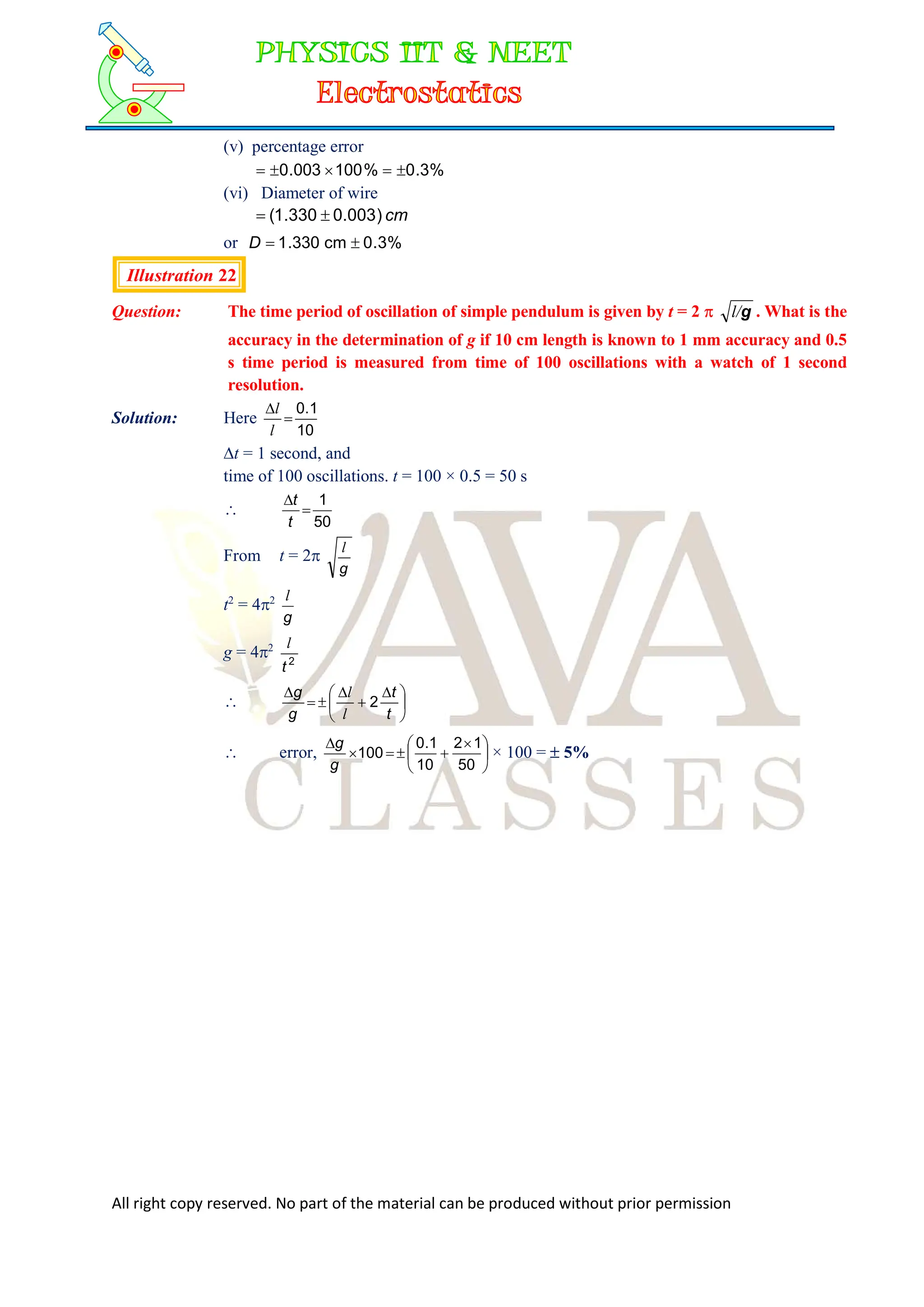 All right copy reserved. No part of the material can be produced without prior permission
(v) percentage error
%
3
.
0
%
100
003
.
0 




(vi) Diameter of wire
cm
)
003
.
0
330
.
1
( 

or %
3
.
0
cm
330
.
1 

D
Illustration 22
Question: The time period of oscillation of simple pendulum is given by t = 2  g
l/ . What is the
accuracy in the determination of g if 10 cm length is known to 1 mm accuracy and 0.5
s time period is measured from time of 100 oscillations with a watch of 1 second
resolution.
Solution: Here
10
1
.
0


l
l
t = 1 second, and
time of 100 oscillations. t = 100 × 0.5 = 50 s

50
1


t
t
From t = 2
g
l
t2
= 42
g
l
g = 42
2
t
l
 




 





t
t
g
g
2
l
l
 error, 




 





50
1
2
10
1
.
0
100
g
g
× 100 =  5%
 