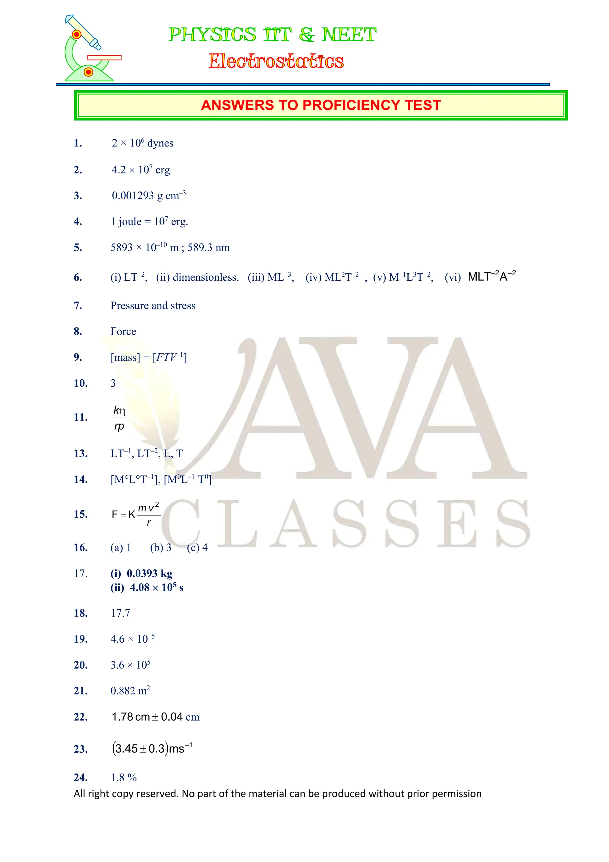 All right copy reserved. No part of the material can be produced without prior permission
ANSWERS TO PROFICIENCY TEST
1. 2 × 106
dynes
2. 4.2  107
erg
3. 0.001293 g cm–3
4. 1 joule = 107
erg.
5. 5893 × 10–10
m ; 589.3 nm
6. (i) LT–2
, (ii) dimensionless. (iii) ML–3
, (iv) ML2
T–2
, (v) M–1
L3
T–2
, (vi) 2
2
A
MLT 

7. Pressure and stress
8. Force
9. [mass] = [FTV–1
]
10. 3
11.
rp
k
13. LT–1
, LT–2
, L, T
14. [M°L°T–1
], [M0
L–1
T0
]
15.
r
v
m 2
K
F 
16. (a) 1 (b) 3 (c) 4
17. (i) 0.0393 kg
(ii) 4.08  105
s
18. 17.7
19. 4.6 × 10–5
20. 3.6 × 105
21. 0.882 m2
22. 04
.
0
cm
78
.
1  cm
23.   1
ms
3
.
0
45
.
3 

24. 1.8 %
 