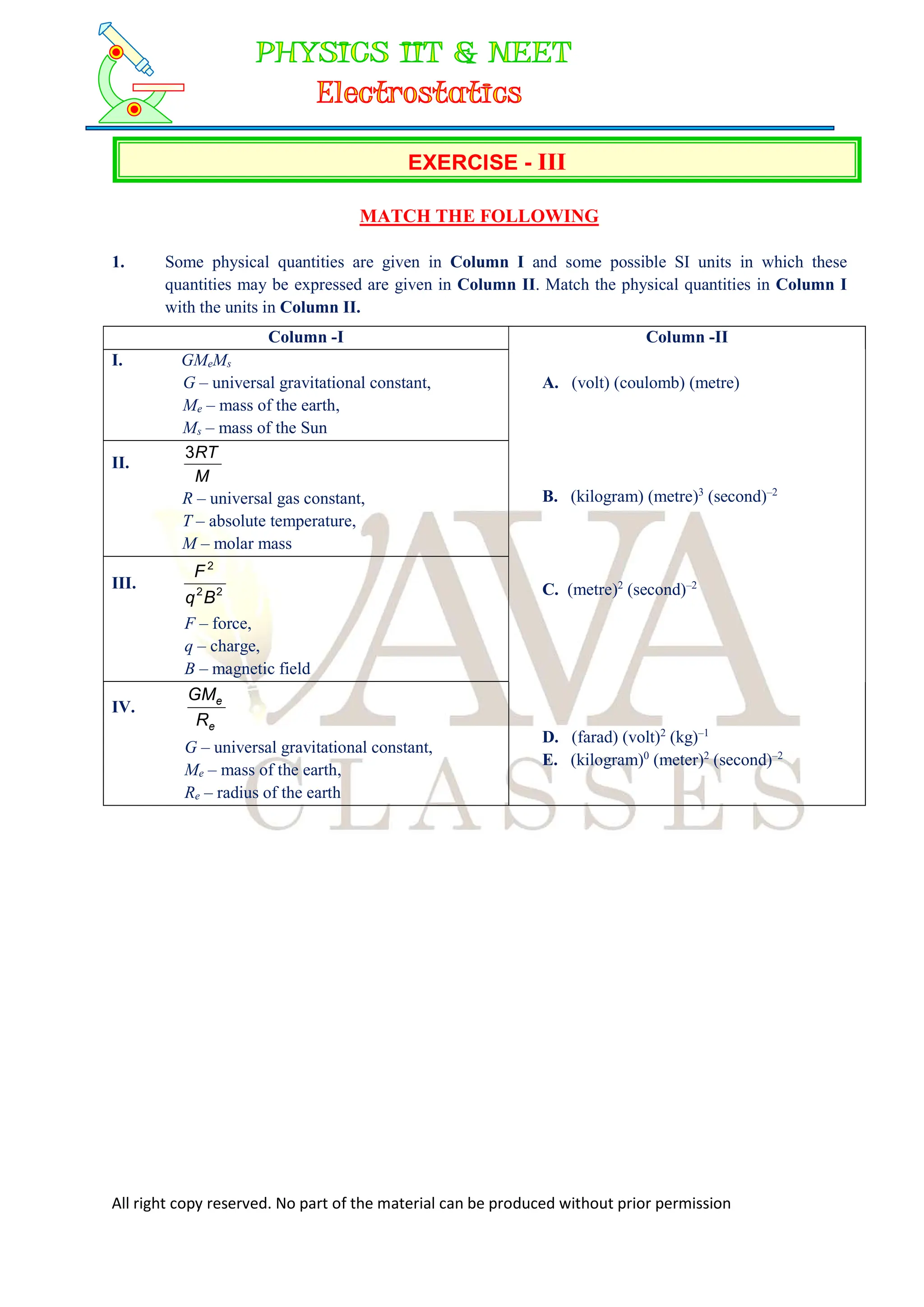 All right copy reserved. No part of the material can be produced without prior permission
EXERCISE - III
MATCH THE FOLLOWING
1. Some physical quantities are given in Column I and some possible SI units in which these
quantities may be expressed are given in Column II. Match the physical quantities in Column I
with the units in Column II.
Column -I Column -II
I. GMeMs
G – universal gravitational constant,
Me – mass of the earth,
Ms – mass of the Sun
A. (volt) (coulomb) (metre)
II.
M
RT
3
R – universal gas constant,
T – absolute temperature,
M – molar mass
B. (kilogram) (metre)3
(second)–2
III. 2
2
2
B
q
F
F – force,
q – charge,
B – magnetic field
C. (metre)2
(second)–2
IV.
e
e
R
GM
G – universal gravitational constant,
Me – mass of the earth,
Re – radius of the earth
D. (farad) (volt)2
(kg)–1
E. (kilogram)0
(meter)2
(second)–2
 