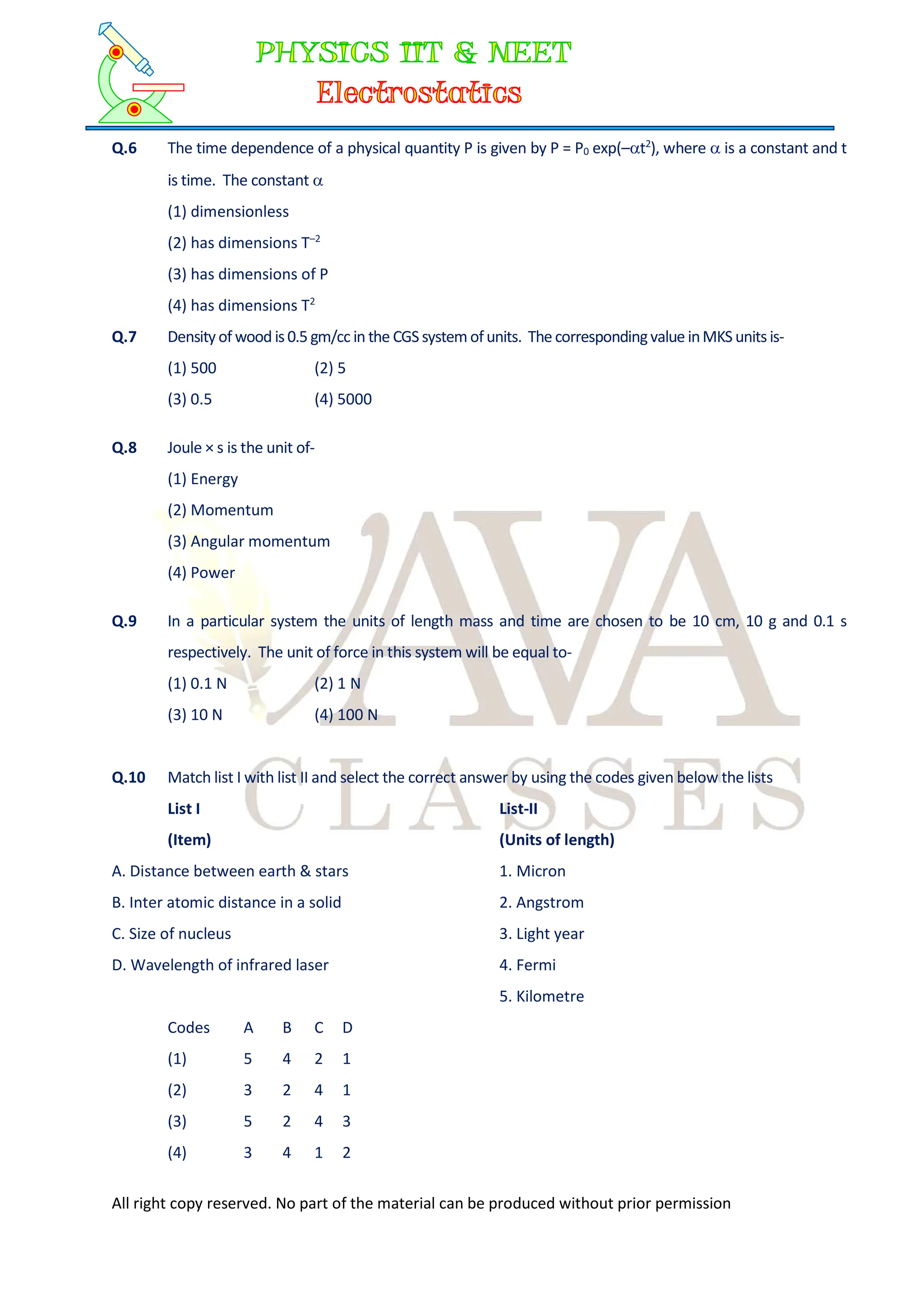 All right copy reserved. No part of the material can be produced without prior permission
Q.6 The time dependence of a physical quantity P is given by P = P0 exp(–t2
), where  is a constant and t
is time. The constant 
(1) dimensionless
(2) has dimensions T–2
(3) has dimensions of P
(4) has dimensions T2
Q.7 Densityof wood is0.5 gm/cc in the CGS system ofunits. The correspondingvalue inMKS unitsis-
(1) 500 (2) 5
(3) 0.5 (4) 5000
Q.8 Joule × s is the unit of-
(1) Energy
(2) Momentum
(3) Angular momentum
(4) Power
Q.9 In a particular system the units of length mass and time are chosen to be 10 cm, 10 g and 0.1 s
respectively. The unit of force in this system will be equal to-
(1) 0.1 N (2) 1 N
(3) 10 N (4) 100 N
Q.10 Match list I with list II and select the correct answer by using the codes given below the lists
List I List-II
(Item) (Units of length)
A. Distance between earth & stars 1. Micron
B. Inter atomic distance in a solid 2. Angstrom
C. Size of nucleus 3. Light year
D. Wavelength of infrared laser 4. Fermi
5. Kilometre
Codes A B C D
(1) 5 4 2 1
(2) 3 2 4 1
(3) 5 2 4 3
(4) 3 4 1 2
 