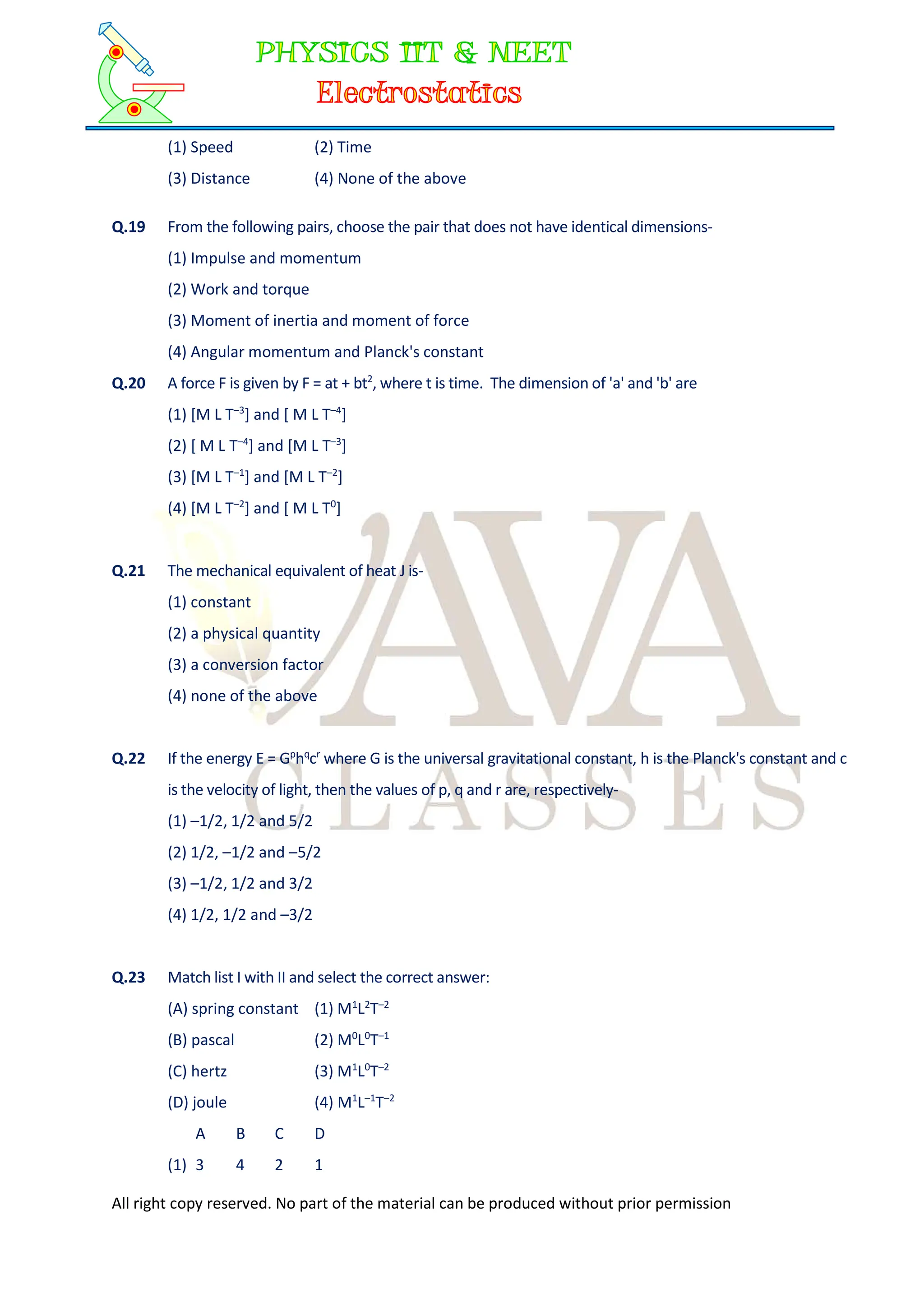 All right copy reserved. No part of the material can be produced without prior permission
(1) Speed (2) Time
(3) Distance (4) None of the above
Q.19 From the following pairs, choose the pair that does not have identical dimensions-
(1) Impulse and momentum
(2) Work and torque
(3) Moment of inertia and moment of force
(4) Angular momentum and Planck's constant
Q.20 A force F is given by F = at + bt2
, where t is time. The dimension of 'a' and 'b' are
(1) [M L T–3
] and [ M L T–4
]
(2) [ M L T–4
] and [M L T–3
]
(3) [M L T–1
] and [M L T–2
]
(4) [M L T–2
] and [ M L T0
]
Q.21 The mechanical equivalent of heat J is-
(1) constant
(2) a physical quantity
(3) a conversion factor
(4) none of the above
Q.22 If the energy E = Gp
hq
cr
where G is the universal gravitational constant, h is the Planck's constant and c
is the velocity of light, then the values of p, q and r are, respectively-
(1) –1/2, 1/2 and 5/2
(2) 1/2, –1/2 and –5/2
(3) –1/2, 1/2 and 3/2
(4) 1/2, 1/2 and –3/2
Q.23 Match list I with II and select the correct answer:
(A) spring constant (1) M1
L2
T–2
(B) pascal (2) M0
L0
T–1
(C) hertz (3) M1
L0
T–2
(D) joule (4) M1
L–1
T–2
A B C D
(1) 3 4 2 1
 