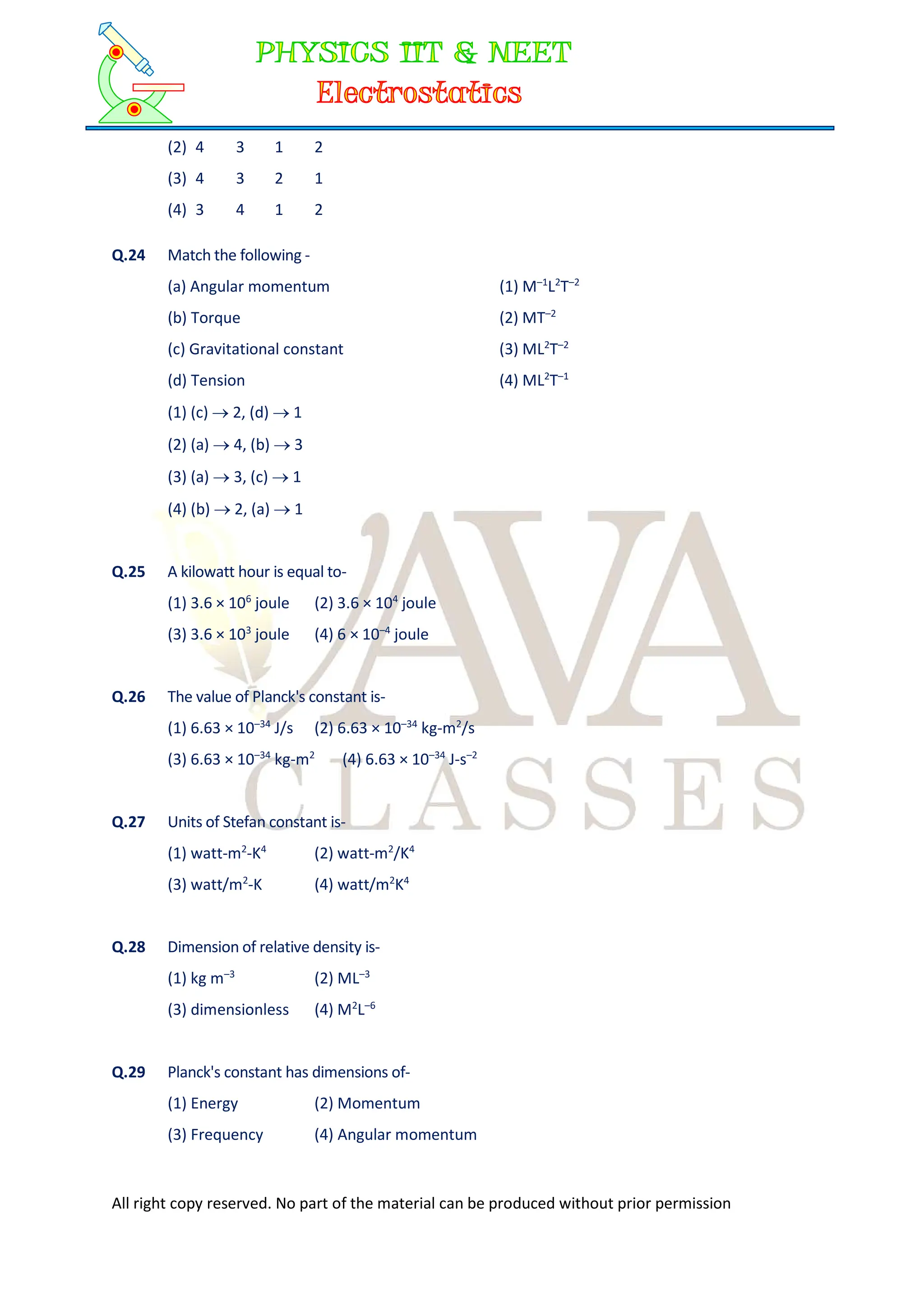 All right copy reserved. No part of the material can be produced without prior permission
(2) 4 3 1 2
(3) 4 3 2 1
(4) 3 4 1 2
Q.24 Match the following -
(a) Angular momentum (1) M–1
L2
T–2
(b) Torque (2) MT–2
(c) Gravitational constant (3) ML2
T–2
(d) Tension (4) ML2
T–1
(1) (c)  2, (d)  1
(2) (a)  4, (b)  3
(3) (a)  3, (c)  1
(4) (b)  2, (a)  1
Q.25 A kilowatt hour is equal to-
(1) 3.6 × 106
joule (2) 3.6 × 104
joule
(3) 3.6 × 103
joule (4) 6 × 10–4
joule
Q.26 The value of Planck's constant is-
(1) 6.63 × 10–34
J/s (2) 6.63 × 10–34
kg-m2
/s
(3) 6.63 × 10–34
kg-m2
(4) 6.63 × 10–34
J-s–2
Q.27 Units of Stefan constant is-
(1) watt-m2
-K4
(2) watt-m2
/K4
(3) watt/m2
-K (4) watt/m2
K4
Q.28 Dimension of relative density is-
(1) kg m–3
(2) ML–3
(3) dimensionless (4) M2
L–6
Q.29 Planck's constant has dimensions of-
(1) Energy (2) Momentum
(3) Frequency (4) Angular momentum
 