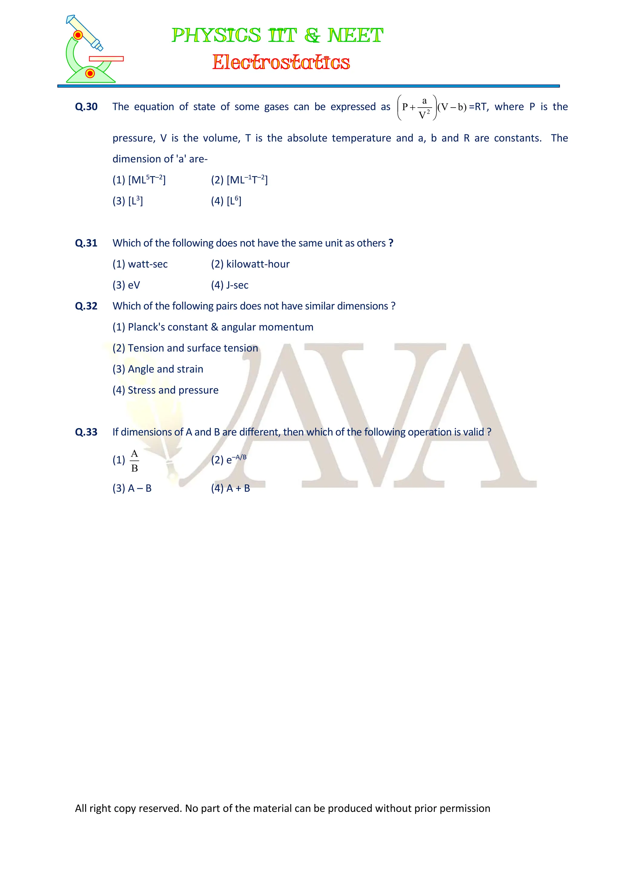 All right copy reserved. No part of the material can be produced without prior permission
Q.30 The equation of state of some gases can be expressed as )
b
V
(
V
a
P 2







 =RT, where P is the
pressure, V is the volume, T is the absolute temperature and a, b and R are constants. The
dimension of 'a' are-
(1) [ML5
T–2
] (2) [ML–1
T–2
]
(3) [L3
] (4) [L6
]
Q.31 Which of the following does not have the same unit as others ?
(1) watt-sec (2) kilowatt-hour
(3) eV (4) J-sec
Q.32 Which of the following pairs does not have similar dimensions ?
(1) Planck's constant & angular momentum
(2) Tension and surface tension
(3) Angle and strain
(4) Stress and pressure
Q.33 If dimensions of A and B are different, then which of the following operation is valid ?
(1)
B
A
(2) e–A/B
(3) A – B (4) A + B
 