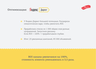 • У Яндекс.Директ большой потенциал. Расширили
семантическое ядро, чтобы увеличить ROI.
• Проработали список из 1 000 общих слов разных
направлений. Запустили рекламу.
Если ROI > 100% → прорабатывали глубже.
• Итог: 25 рекламных кампаний, 85 000 объявлений.
Оптимизация
ROI канала увеличился на 190%,
стоимость клиента уменьшилась в 3,5 раза.
 