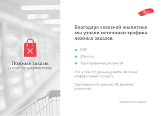Благодаря сквозной аналитике
мы узнали источники трафика
ложных заказов:
• РСЯ*
• CPA-сети
• Таргетированная реклама ВК
РСЯ и CPA-сети реанимировали, отключив
неэффективные площадки.
Таргетированную рекламу ВК временно
отключили.
Ложные заказы
(клиент не выкупал товар)
* Рекламная сеть яндекса
 