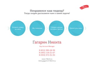 Понравился наш подход?
Тогда скорее расскажите нам о своей задаче!
8 (812) 389-28-38
8 (495) 118-21-67
8 (953) 375-31-35
Гагарин Никита
Key Account Manager
Оставьте заявку
на сайте
Мы позвоним
Соберем данные,
составим прогноз
Презентуем поект
www.78kmh.ru
nikita.gagarin@78kmh.ru
 