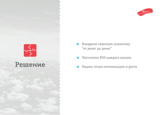 Решение
• Внедрили сквозную аналитику
“от денег до денег”
• Посчитали ROI каждого канала
• Нашли точки оптимизации и роста
 