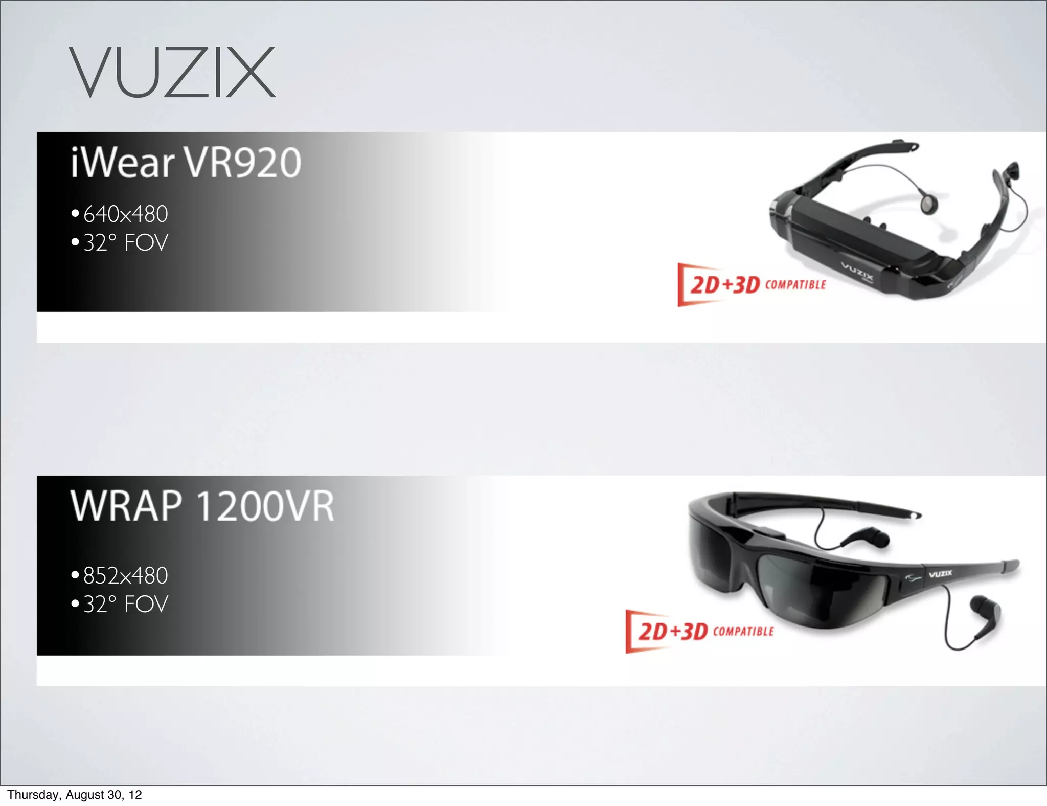 VUZIX
          •640x480
          •32° FOV




          •852x480
          •32° FOV




Thursday, August 30, 12
 