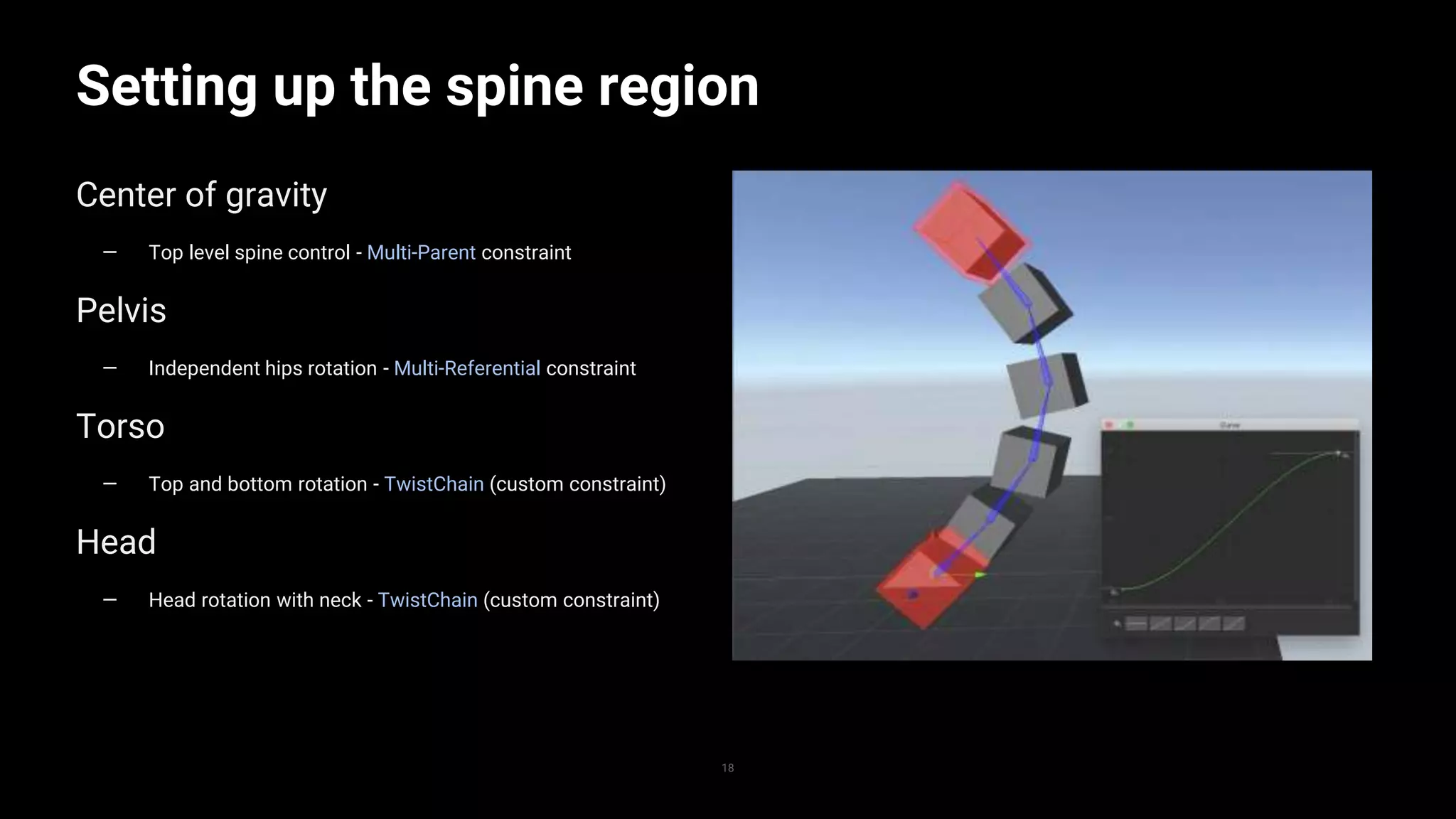 18
Setting up the spine region
Center of gravity
— Top level spine control - Multi-Parent constraint
Pelvis
— Independent hips rotation - Multi-Referential constraint
Torso
— Top and bottom rotation - TwistChain (custom constraint)
Head
— Head rotation with neck - TwistChain (custom constraint)
 