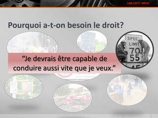 Pourquoi a-t-on besoin le droit?
“Je devrais être capable de
conduire aussi vite que je veux.”
 