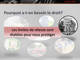Pourquoi a-t-on besoin le droit?
Les limites de vitesse sont
établies pour nous protéger
 