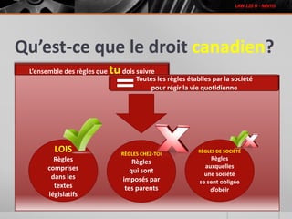Qu’est-ce que le droit canadien?
L’ensemble des règles que tudois suivre
Toutes les règles établies par la société
pour régir la vie quotidienne
LOIS
Règles
comprises
dans les
textes
législatifs
RÈGLES CHEZ-TOI
Règles
qui sont
imposés par
tes parents
RÈGLES DE SOCIÉTÉ
Règles
auxquelles
une société
se sent obligée
d’obéir
 