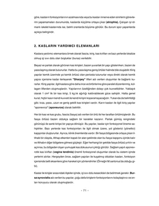 göre, kasların fonksiyonlarının azalmasında veya bu kasları innerve eden sinirlerin görevle-
rini yapamamaları durumunda, kaslarda küçülme ortaya çıkar (atrophia). Çalışan iyi id-
manlı iskelet kaslarında ise, belirli oranlarda büyüme görülür. Bu durum spor yapanlarda
açıkça belirgindir.




2. KASLARIN YARDIMCI ELEMANLARI

Kaslara yardımcı elemanlara örnek olarak fascia, kiriş, kas kılıfları ve bazı yerlerde lokalize
olmuş içi sıvı dolu olan boşluklar (bursa) verilebilir.

Beyaz ve parlak olarak görünen kas kirişleri, bazen yuvarlak bir yapı gösterirken, bazen de
yassılaşmış olarak bulunurlar. Hatta bu yassılaşma geniş örtüler halinde bile oluşabilir.Kiriş
yapılar kemik üzerinde ya kemik örtüsü olan periosta tutunurlar veya direkt olarak kemik
yapısı içerisine kadar ilerleyerek "Sharpey" lifleri adı verilen oluşumlar ile bağlantı ku-
rarlar. Kiriş yapılar, ilgili kaslara göre daha ince ve birbirlerine göre paralel düzenlenmiş, kol-
lagen liflerden oluşmuşlardır. Yapılarının özelliğinden dolayı çok kuvvetlidirler. Yaklaşık
olarak 1 cm2 lik bir kas kirişi, 5 kg.lık ağırlığı kaldırabilecek güce sahiptir. Hatta genel
kural, hiçbir kasın kendi kuvveti ile kendi kirişini koparamayacağıdır. Yukarıda da belirtildiği
gibi; kısa, yassı, uzun ve geniş şekilli kas kirişleri vardır. Karın kasları ile ilgili kiriş yapılar
"aponevroz" (aponeuros) olarak belirtilir.

Her bir kas ve kas grubu, fascia (fasya) adı verilen bir örtü ile her taraftan örtülmüşlerdir. Bu
fasya örtüsü bazen oldukça sağlam bir karakter kazanır. Parlak gümüş rengindeki
görünüşü ile sanki kirişsi bir yapıya dönüşür. Bu yapılar, kaslar için fonksiyonel öneme sa-
hiptirler. Bazı yerlerde kas fonksiyonları ile ilgili olmak üzere, yol gösterici (yöneltici)
kapşonlar oluştururlar. Ayrıca, klinik önemleride vardır. Bir fasya bölgesinde ortaya çıkan il-
tihabi bir olayda, iltihap etkenleri kapalı bir alan şeklinde olan bu fasya kapşonu içinde kalır
ve iltihabın diğer bölgelere gitmesi güçleşir. Eğer herhangi bir şekilde fasya örtüsü yırtılır ve
açılırsa, bu bölgeden dışarı yumuşak kas dokusunun çıktığı görülür. Sağlam yapılı aponev-
rotik kas kılıfları (vegina tendinis) önemli fonksiyonel oluşumlar olarak bu sistem içinde
yerlerini alırlar. Herşeyden önce, sağlam yapıları ile kuşatmış oldukları kasları, fonksiyon
içerisinde belli eksenlere göre hareket için yönlendirirler (Örneğin M.sartorius'da olduğu gi-
bi).

Kaslar ile kirişler arasındaki ilişkiler içinde, içi sıvı dolu kesecikleri de belirtmek gerekir. Bur-
sa synovialis adı verilen bu yapılar, çoğu defa kirişlerin fonksiyonlarını kolaylaştırıcı ve on-
ları koruyucu olarak oluşmuşlardır.


                                              - 71 -
 