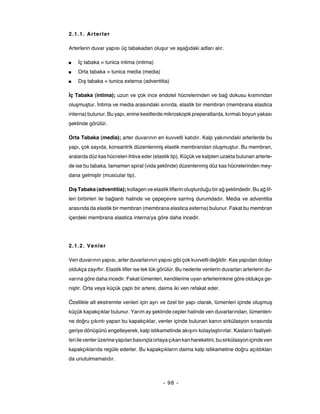 2.1.1. Arterler

Arterlerin duvar yapısı üç tabakadan oluşur ve aşağıdaki adları alır.

■   İç tabaka = tunica intima (intima)
■   Orta tabaka = tunica media (media)
■   Dış tabaka = tunica externa (adventitia)

İç Tabaka (intima); uzun ve çok ince endotel hücrelerinden ve bağ dokusu kısmından
oluşmuştur. İntima ve media arasındaki sınırda, elastik bir membran (membrana elastica
interna) bulunur. Bu yapı, enine kesitlerde mikroskopik preperatlarda, kırmalı boyun yakası
şeklinde görülür.

Orta Tabaka (media); arter duvarının en kuvvetli katıdır. Kalp yakınındaki arterlerde bu
yapı, çok sayıda, konsantrik düzenlenmiş elastik membrandan oluşmuştur. Bu membran,
aralarda düz kas hücreleri ihtiva eder (elastik tip). Küçük ve kalpten uzakta bulunan arterle-
de ise bu tabaka, tamamen spiral (vida şeklinde) düzenlenmiş düz kas hücrelerinden mey-
dana gelmiştir (muscular tip).

Dış Tabaka (adventitia); kollagen ve elastik liflerin oluşturduğu bir ağ şeklindedir. Bu ağ lif-
leri birbirleri ile bağlantı halinde ve çepeçevre sarmış durumdadır. Media ve adventitia
arasında da elastik bir membran (membrana elastica externa) bulunur. Fakat bu membran
içerdeki membrana elastica interna'ya göre daha incedir.




2.1.2. Venler

Ven duvarının yapısı, arter duvarlarının yapısı gibi çok kuvvetli değildir. Kas yapıdan dolayı
oldukça zayıftır. Elastik lifler ise tek tük görülür. Bu nedenle venlerin duvarları arterlerin du-
varına göre daha incedir. Fakat lümenleri, kendilerine uyan arterlerinkine göre oldukça ge-
niştir. Orta veya küçük çaplı bir artere, daima iki ven refakat eder.

Özellikle alt ekstremite venleri için ayrı ve özel bir yapı olarak, lümenleri içinde oluşmuş
küçük kapakçıklar bulunur. Yarım ay şeklinde cepler halinde ven duvarlarından, lümenleri-
ne doğru çıkıntı yapan bu kapakçıklar, venler içinde bulunan kanın sirkülasyon sırasında
geriye dönüşünü engelleyerek, kalp istikametinde akışını kolaylaştırırlar. Kasların faaliyet-
leri ile venler üzerine yapılan basınçla ortaya çıkan kan hareketini, bu sirkülasyon içinde ven
kapakçıklarıda regüle ederler. Bu kapakçıkların daima kalp istikametine doğru açıldıkları
da unutulmamalıdır.



                                             - 98 -
 