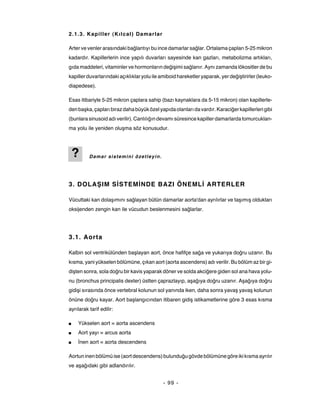 2.1.3. Kapiller (Kılcal) Damarlar

Arter ve venler arasındaki bağlantıyı bu ince damarlar sağlar. Ortalama çapları 5-25 mikron
kadardır. Kapillerlerin ince yapılı duvarları sayesinde kan gazları, metabolizma artıkları,
gıda maddeleri, vitaminler ve hormonların değişimi sağlanır. Aynı zamanda lökositler de bu
kapiller duvarlarındaki açıklıklar yolu ile amiboid hareketler yaparak, yer değiştirirler (leuko-
diapedese).

Esas itibariyle 5-25 mikron çaplara sahip (bazı kaynaklara da 5-15 mikron) olan kapillerle-
den başka, çapları biraz daha büyük özel yapıda olanları da vardır. Karaciğer kapillerleri gibi
(bunlara sinusoid adı verilir). Canlılığın devamı süresince kapiller damarlarda tomurcuklan-
ma yolu ile yeniden oluşma söz konusudur.




    ?     Damar sistemini özetleyin.




3. DOLAŞIM SİSTEMİNDE BAZI ÖNEMLİ ARTERLER

Vücuttaki kan dolaşımını sağlayan bütün damarlar aorta'dan ayrılırlar ve taşımış oldukları
oksijenden zengin kan ile vücudun beslenmesini sağlarlar.




3.1. Aorta

Kalbin sol ventrikülünden başlayan aort, önce hafifçe sağa ve yukarıya doğru uzanır. Bu
kısma, yani yükselen bölümüne, çıkan aort (aorta ascendens) adı verilir. Bu bölüm az bir gi-
dişten sonra, sola doğru bir kavis yaparak döner ve solda akciğere giden sol ana hava yolu-
nu (bronchus principalis dexter) üstten çaprazlayıp, aşağıya doğru uzanır. Aşağıya doğru
gidişi sırasında önce vertebral kolunun sol yanında iken, daha sonra yavaş yavaş kolunun
önüne doğru kayar. Aort başlangıcından itibaren gidiş istikametlerine göre 3 esas kısma
ayrılarak tarif edilir:

■   Yükselen aort = aorta ascendens
■   Aort yayı = arcus aorta
■   İnen aort = aorta descendens

Aortun inen bölümü ise (aort descendens) bulunduğu gövde bölümüne göre iki kısma ayrılır
ve aşağıdaki gibi adlandırılır.


                                             - 99 -
 