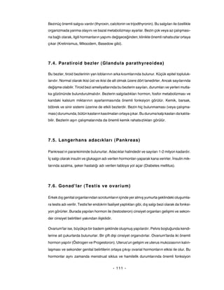Bezinüç önemli salgısı vardır (thyroxin, calcitonin ve trijodthyronin). Bu salgıları ile özellikle
organizmada yanma olayını ve bazal metabolizmayı ayarlar. Bezin çok veya az çalışması-
na bağlı olarak, ilgili hormanların yapımı değişeceğinden; klinikte önemli rahatsızlar ortaya
çıkar (Kretinismus, Miksodem, Basedow gibi).




7.4. Paratiroid bezler (Glandula parathyreoidea)

Bu bezler, tiroid bezlerinin yan loblarının arka kısımlarında bulunur. Küçük epitel topluluk-
larıdır. Normal olarak ikisi üst ve ikisi de alt olmak üzere dört tanedirler. Ancak sayılarında
değişme olabilir. Tiroid bezi ameliyatlarında bu bezlerin sayıları, durumları ve yerleri mutla-
ka gözönünde bulundurulmalıdır. Bezlerin salgıladıkları hormon, fosfor metabolizması ve
kandaki kalsium miktarının ayarlanmasında önemli fonksiyon görülür. Kemik, barsak,
böbrek ve sinir sistemi üzerine de etkili bezlerdir. Bezin hiç bulunmaması (veya çalışma-
ması) durumunda, bütün kasların kasılmaları ortaya çıkar. Bu duruma kalp kasları da katıla-
bilir. Bezlerin aşırı çalışmalarında da önemli kemik rahatsızlıkları görülür.




7.5. Langerhans adacıkları (Pankreas)

Pankreas'ın parankiminde bulunurlar. Adacıklar halindedir ve sayıları 1-2 milyon kadardır.
İç salgı olarak insulin ve glukagon adı verilen hormonları yaparak kana verirler. İnsulin mik-
tarında azalma, şeker hastalığı adı verilen tabloya yol açar (Diabetes mellitus).




7.6. Gonad'lar (Testis ve ovarium)

Erkek dış genital organlarından scrotumların içinde yer almış yumurta şeklindeki oluşumla-
ra testis adı verilir. Testis'ler endokrin faaliyet yaptıkları gibi, dış salgı bezi olarak da fonksi-
yon görürler. Burada yapılan hormon ile (testosteron) cinsiyet organları gelişimi ve sekon-
der cinsiyet belirtileri yakından ilişkilidir.

Ovarium'lar ise, büyükçe bir badem şeklinde oluşmuş yapılardır. Pelvis boşluğunda kendi-
lerine ait çukurlarda bulunurlar. Bir çift dişi cinsiyet organıdırlar. Ovarium'larda iki önemli
hormon yapılır (Östrogen ve Progestoron). Uterus'un gelişim ve uterus mukozasının kalın-
laşması ve sekonder genital belirtilerin ortaya çıkışı ovarial hormonların etkisi ile olur. Bu
hormonlar aynı zamanda menstrual siklus ve hamilelik durumlarında önemli fonksiyon


                                                 - 111 -
 