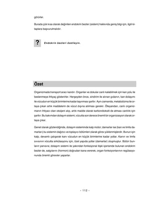 görürler.

Burada çok kısa olarak değinilen endokrin bezler (sistem) hakkında geniş bilgi için, ilgili ki-
taplara başvurulmalıdır.




 ?          Endokrin bezleri özetleyin.




Özet
Organizmada transport aracı kandır. Organlar ve dokular canlı kalabilmek için kan yolu ile
beslenmeye ihtiyaç gösterirler. Herşeyden önce, sindirim ile alınan gıdanın, kan dolaşımı
ile vücudun en küçük birimlerine kadar taşınması şarttır. Aynı zamanda, metabolizma ile or-
taya çıkan artık maddelerin de vücut dışına atılması gerekir. Öteyandan, canlı organiz-
manın ihtiyacı olan oksijeni alıp, artık madde olarak karbondioksiti de atması canlılık için
şarttır. Bu bakımdan dolaşım sistemi, vücutta son derece önemli bir organizasyon olarak or-
taya çıkar.

Genel olarak gözlendiğinde, dolaşım sisteminde kalp motor; damarlar ise (kan ve limfa da-
marları) bu sistemin dağıtıcı ve toplayıcı bölümleri olarak görev yüklenmişlerdir. Bunun için
kalp, devamlı çalışarak kanı vücudun en küçük birimlerine kadar yollar. Kanın ve limfa
sıvısının vücutta sirkülasyonu için, özel yapıda yollar (damarlar) oluşmuştur. Bütün bun-
ların yanısıra; dolaşım sistemi ile yakından fonksiyonal ilişki içerisinde bulunan endokrin
bezler de, salgılarını (hormon) doğrudan kana vererek, organ fonksiyonlarının regülasyo-
nunda önemli görevler yaparlar.




                                           - 112 -
 