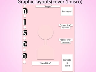 Graphic layouts(cover 1:disco)
“Slogan”
Buzzword
“cover line”
Page number
“cover line”
Page number
Barcode
&
issue
“Head Line”
 