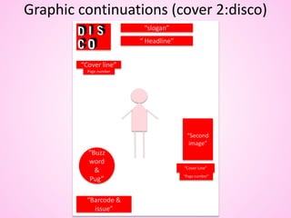 Graphic continuations (cover 2:disco)
“slogan”
“ Headline”
“Cover line”
Page number
“Buzz
word
&
Pug”
“Barcode &
issue”
“Second
image”
“Cover Line”
“Page number”
 