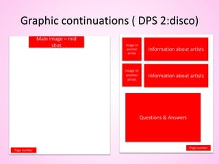 Graphic continuations ( DPS 2:disco)
5
Main image – mid
shot
Page number
Image of
another
artists
Information about artists
Image of
another
artists
Information about artists
Questions & Answers
Page number
 
