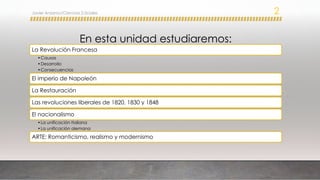 En esta unidad estudiaremos:
La Revolución Francesa
•Causas
•Desarrollo
•Consecuencias
El imperio de Napoleón
La Restaurac...