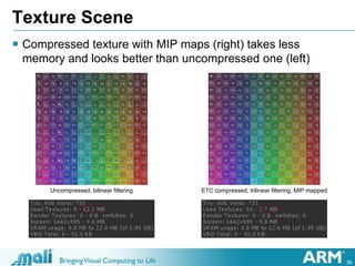 39
Texture Scene
 Compressed texture with MIP maps (right) takes less
memory and looks better than uncompressed one (left...