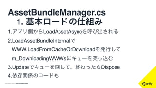 COPYRIGHT 2015 @ UNITY TECHNOLOGIES
AssetBundleManager.cs
 1. 基本ロードの仕組み
1.アプリ側からLoadAssetAsyncを呼び出される
2.LoadAssetBundleInternalで
WWW.LoadFromCacheOrDownloadを発行して
m_DownloadingWWWsにキューを突っ込む
3.Updateでキューを回して、終わったらDispose
4.依存関係のロードも
 