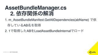 COPYRIGHT 2015 @ UNITY TECHNOLOGIES
AssetBundleManager.cs
 2. 依存関係の解消
1. m_AssetBundleManifest.GetAllDependencies(abName) で依
存しているAB名を取得
2. 1で取得したABをLoadAssetBundleInternalでロード
 