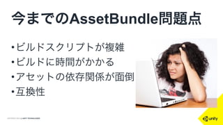 COPYRIGHT 2014 @ UNITY TECHNOLOGIES
今までのAssetBundle問題点
•ビルドスクリプトが複雑
•ビルドに時間がかかる
•アセットの依存関係が面倒
•互換性
 
