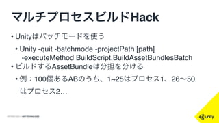 COPYRIGHT 2015 @ UNITY TECHNOLOGIES
マルチプロセスビルドHack
• プロジェクトファイルを複数作成
• シンボリックリンク
• Library, ProjectSettings フォルダをリンク
• Assets はその中にあるフォルダとファイルをリンク
• Tempはリンクしない
 